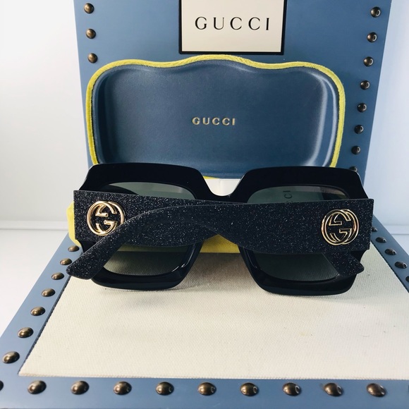 💯 - New authentic- Gucci Black Gg0102s - 001 Oversized Glitter Sunglasses - Picture 12 of 14